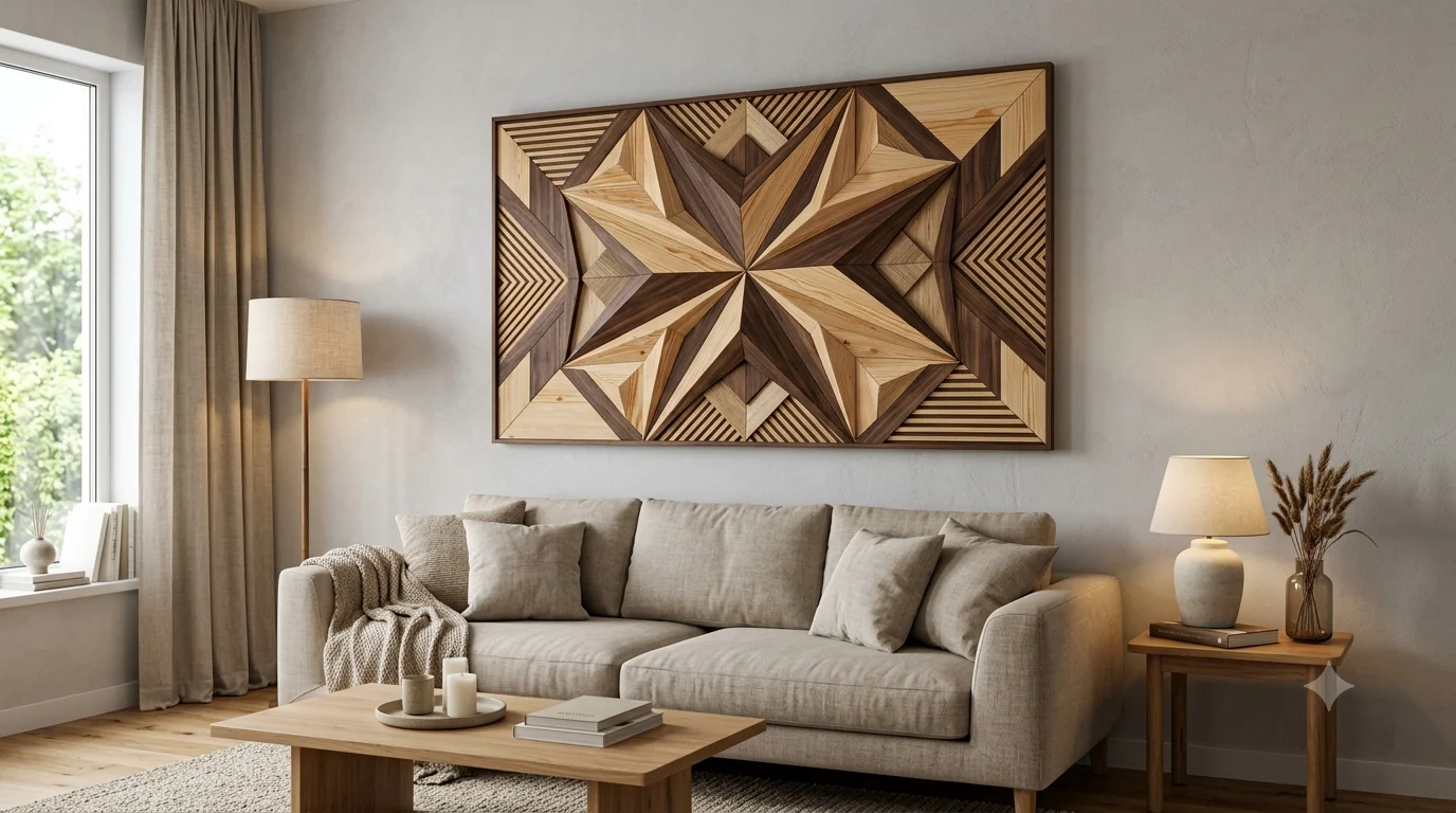 Modern geometric wood wall art panel made of stained pine slats above a couch.