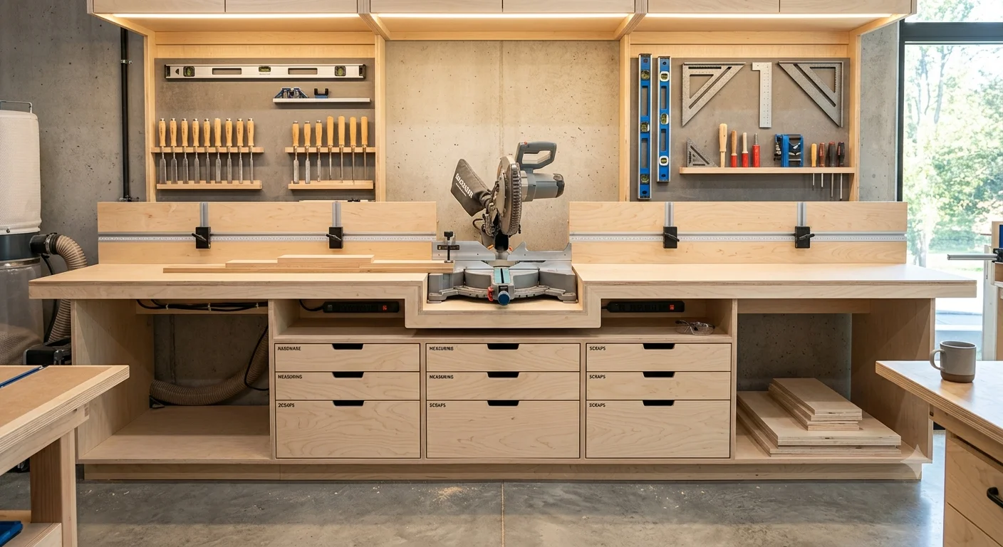 Custom woodworking miter saw station with extended support wings, drawers, and integrated fence system