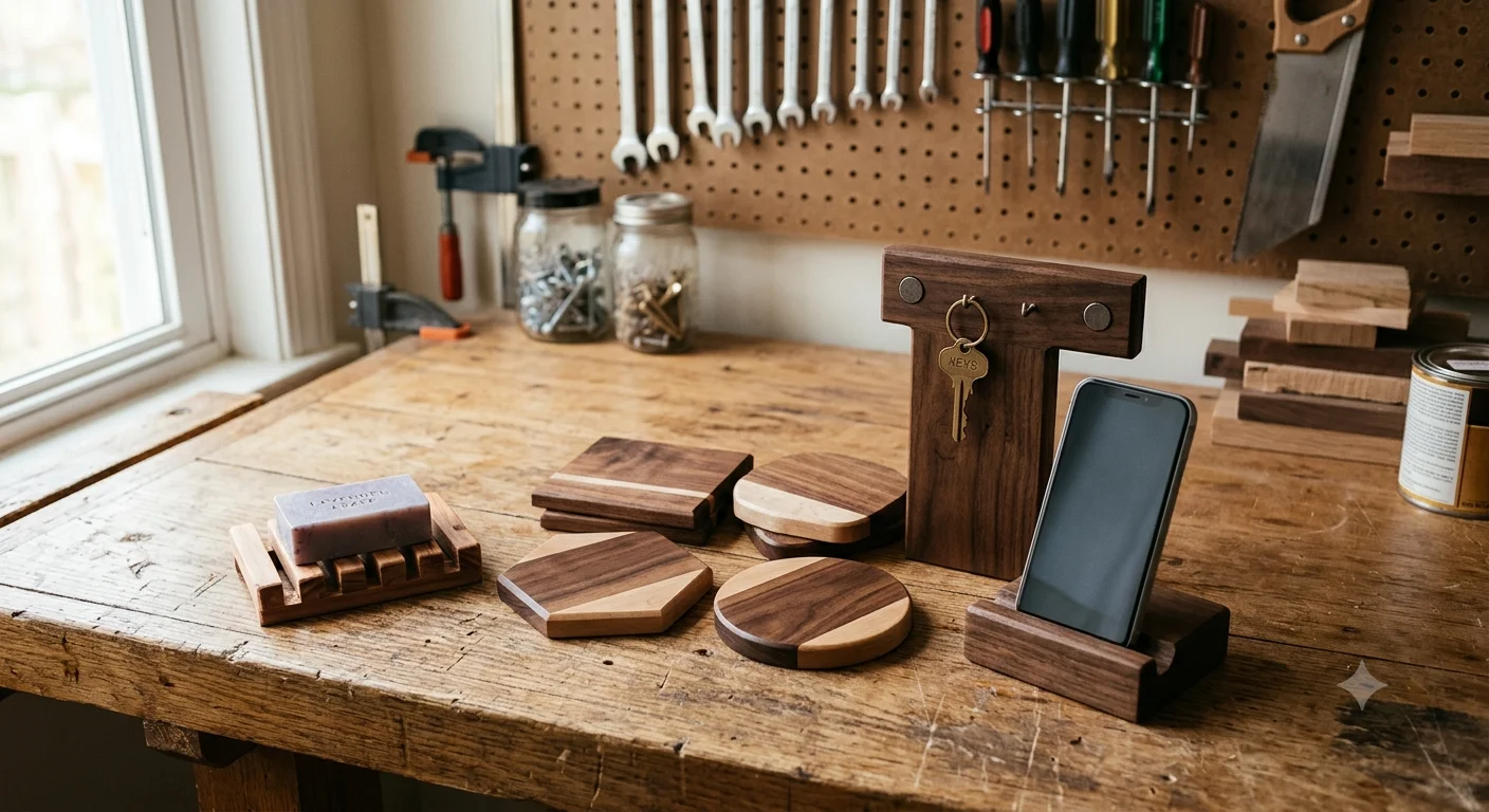 A collection of small, finished DIY woodworking items made from wood offcuts, including coasters, a key rack, and a phone stand, displayed on a workshop bench.