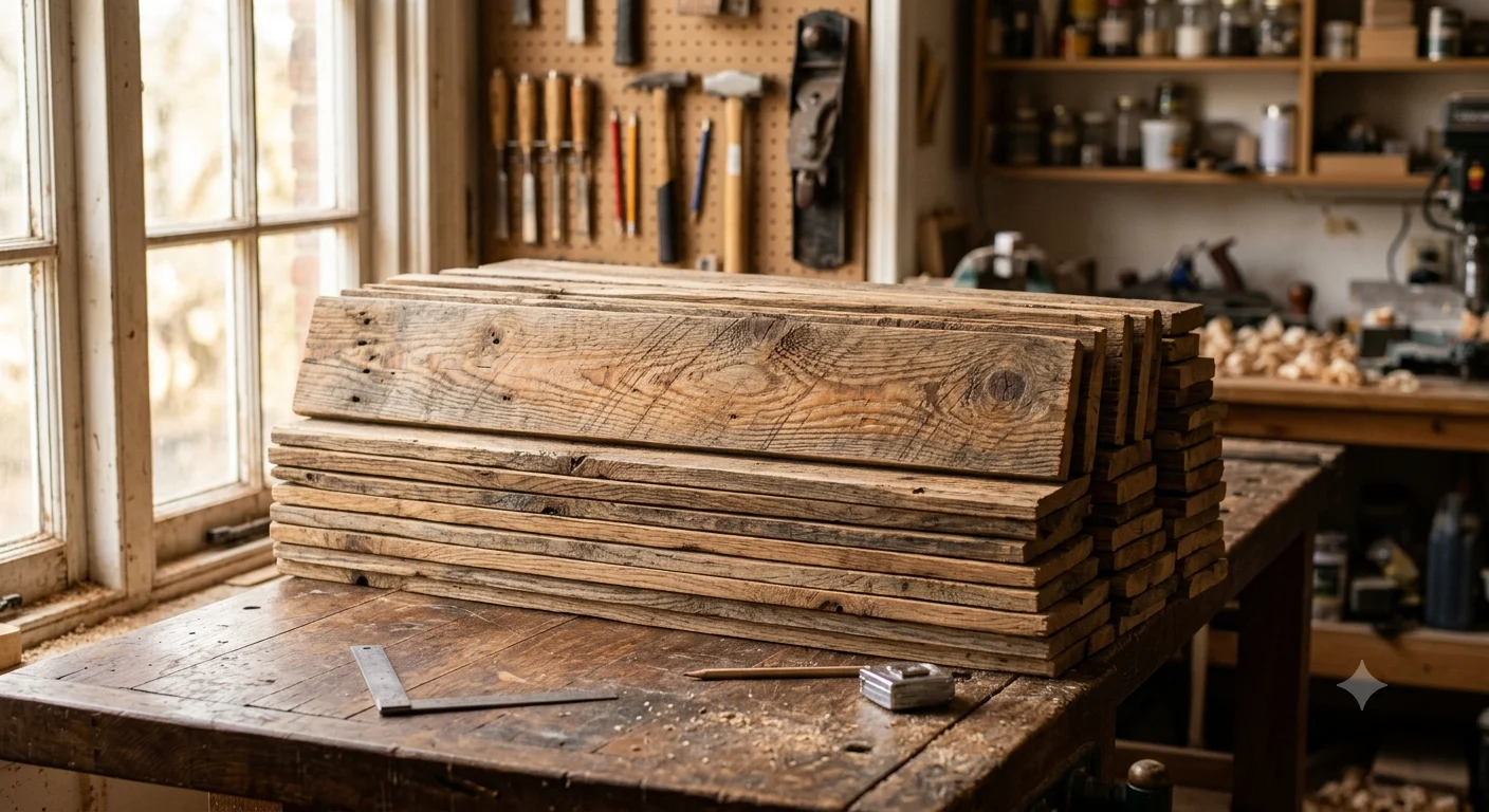 Stack of weathered rustic reclaimed wood boards ready for DIY woodworking projects.